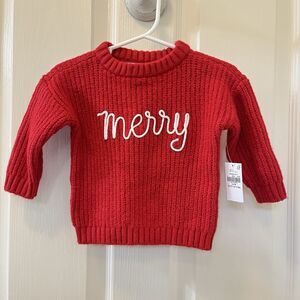 Old Navy Red Merry Embroidered Christmas Sweater Baby Girls Size 3-6 Months NWT